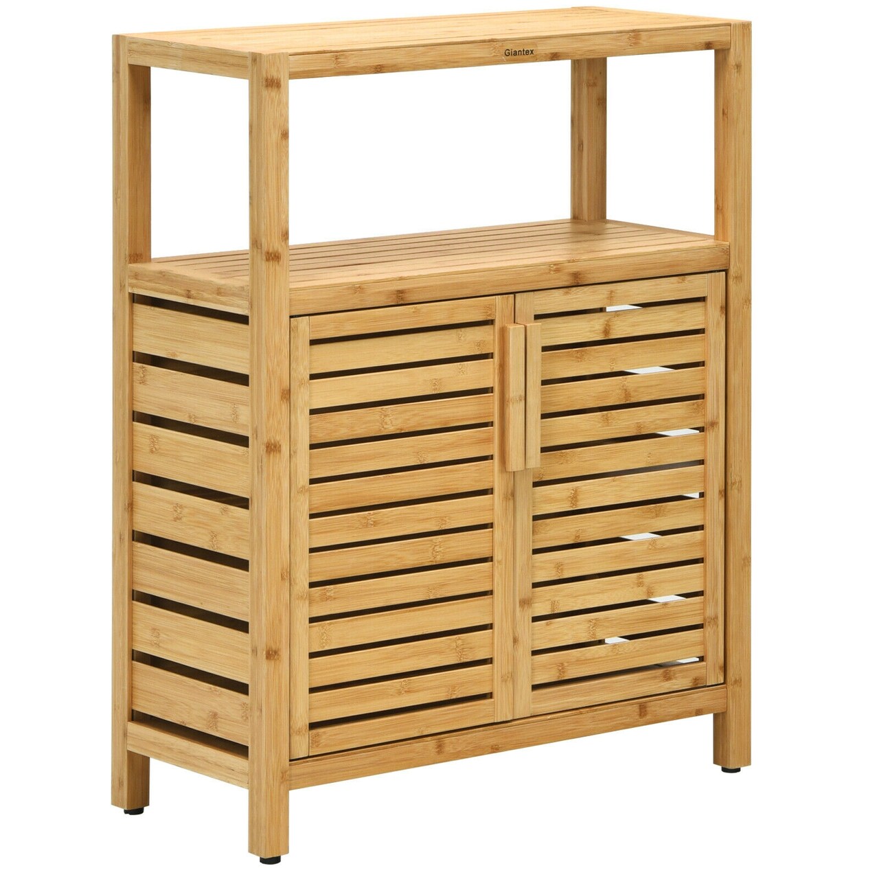 Natural Wicker Bathroom Floor Cabinet with Adjustable Shelves and Doors